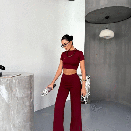 Osy Modal Yumuşak Dokulu Kumaş Kısa Kollu Crop Alt Ispanyol Paça Pantalon Ikili Takım Bordo