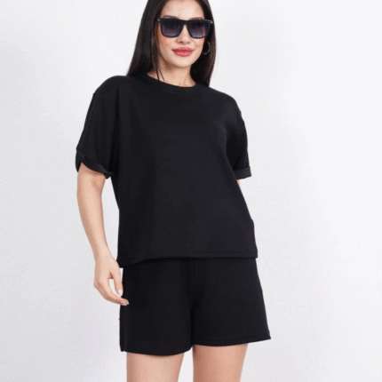 Osy Modal Yumuşak Dokulu Kumaş Bisiklet Yaka Tshirt Kısa Şort İkili Takım Siyah