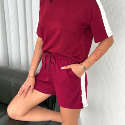 Osy Modal Yumuşak Dokulu Kumaş Parçalı Bisiklet Yaka Tshirt Kısa Şort İkili Takım Bordo