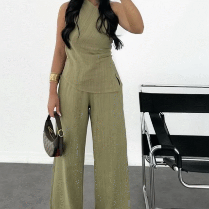 Keten Asimetrik Tek Omuzlu Bluz Pantalon Takım Su Yeşili