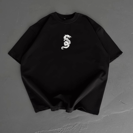 Baskılı Oversize Bisiklet Yaka Tshirt Siyah
