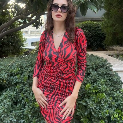 Kadın Uzun Kollu Kruvaze Yaka ön Kısım Büzgülü Zebra Desen Dalgıç Elbise