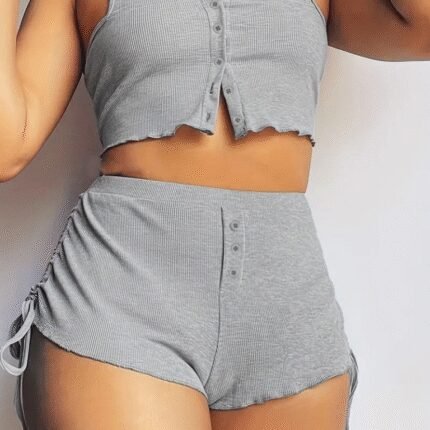 Kadın Ip Askılı Crop Bluz Ve Yanlardan Büzgülü Ikili Kaşkorse Short Takım