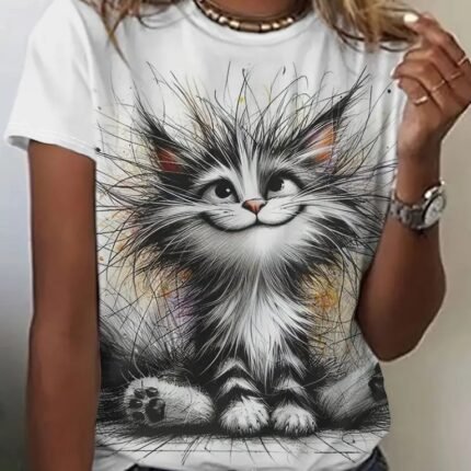 Kadın Kısa Kollu Bisiklet Yaka Kedi Baskılı Süprem Bluz