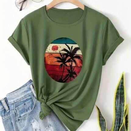 Kadın Kısa Kollu Palmiye Baskılı Viskon Tshirt