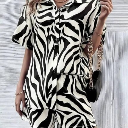Kadın Zebra Desenli PamukPolyester Kumaş İkili Takım