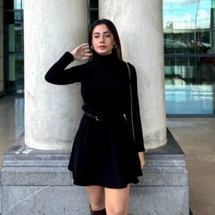 Kadın Uzun Kollu Balıkçı Yaka Salaş Kusa Akrilik Elbise