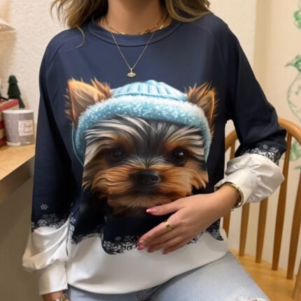 Kadın Uzun Kollu Bisiklet Yaka Köpek Baskılı şardonlu Dalgıç Bluz