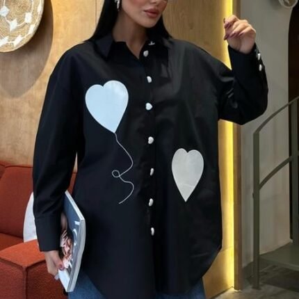 Kalp Nakışlı Ve Düğme Detaylı Oversize Gömlek