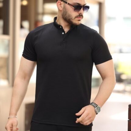 Erkek çizgi Dokulu çıtçıt Yakalı Kısa Kollu Tshirt