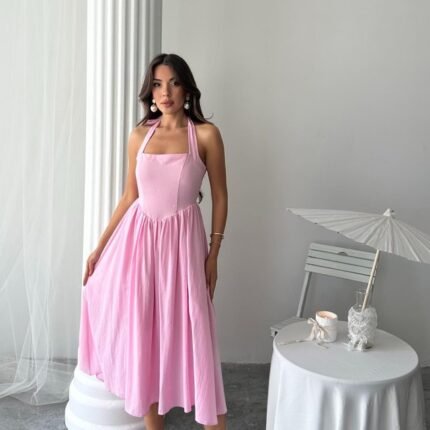 Pembe Boyundan Bağlamalı Keten Elbise