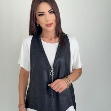 Kadın Kısa Kollu Yuvarlak Yaka Viskon Bluz + Kolsuz Fermuarlı çatlak Deri Yelek