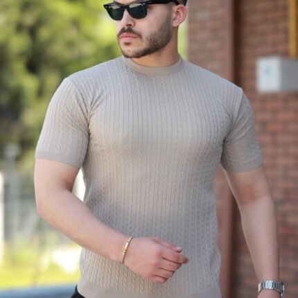 Erkek Bisiklet Yaka örgü Desenli Kısa örme Triko Kısa Kollu Tshirt