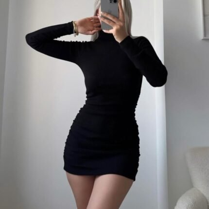 Kadın Uzun Kollu Balıkçı Yaka Büzgü Detay Kaşkorse Kumaş Mini Elbise