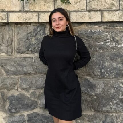Kadın Uzun Kollu Balıkçı Yaka Kısa şardonlu Kaşkorse Elbise