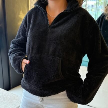Kadın Uzun Kollu önden Fermuarlı Cepli Peluş Sweat