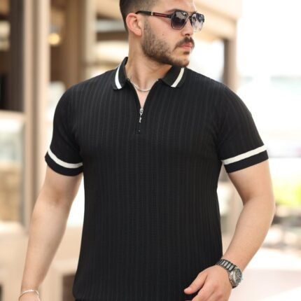 Erkek Yaka Ve Kolları çizgi Detaylı Fermuarlı Kısa Kollu Tshirt