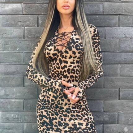 Kadın örme Viskon Kumaş Leopar Desenli çapraz Göğüs Detay Mini Boy Elbise