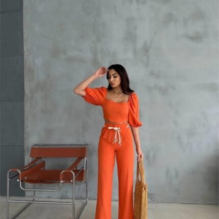 KETEN CROP KARPUZ KOL BLUZPANTOLON HASIR KEMERLİ Orange