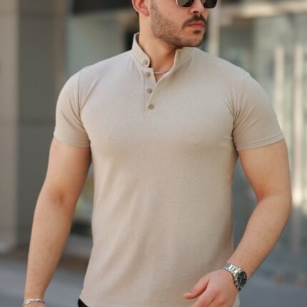 Erkek Hakim Yaka Dokuma Pamuklu Kumaş Kısa Kollu Tshirt