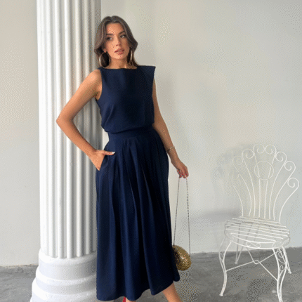 KETEN KOLSUZ BLUZ MAXİ ETEK TAKIM Lacivert