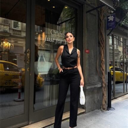 KETEN DUBLE PAÇA DERİ TABA KEMERLİ PANTOLON Siyah