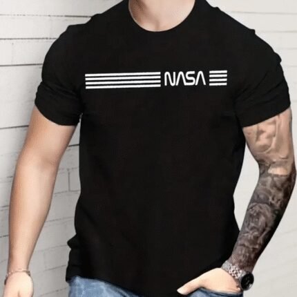 Erkek Kısa Kollu NASA Baskı Bisiklet Yaka Tshirt