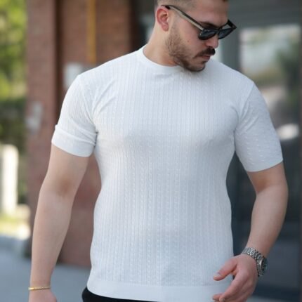 Erkek Bisiklet Yaka örgü Desenli Kısa örme Triko Kısa Kollu Tshirt