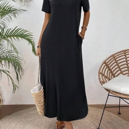 Kadın Tek Omuzdan Açık Toka Detaylı Yandan Yırtmaçlı Maksi Boy Viskon Elbise