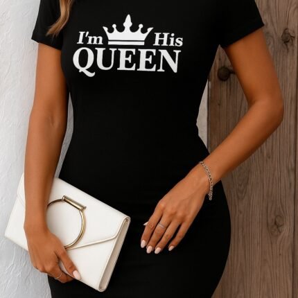 Kadın Kısa Kollu Queen Baskı Iki Iplik Mini Elbise