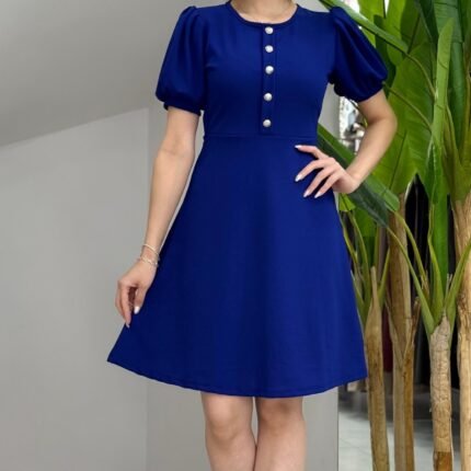 Kadın Kısa Kollu Bisiklet Yaka önden Düğmeli Ithal Krep Elbise