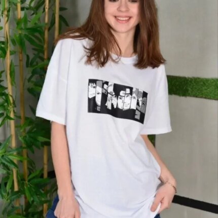 Unisex Bisiklet Yaka Baskılı Oversize T-Shirt