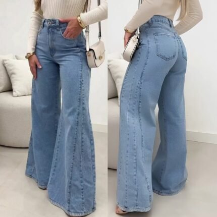 Kadın Yüksek Bel Paçaya Doğru Geniş Kesimli Kot Pantolon