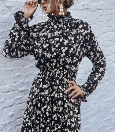 Kadın Uzun Kollu Balıkçı Yaka çiçek Baskılı Helen Kumaş Elbise