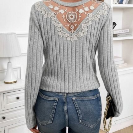 Kadın Uzun Kollu V Yakalı Arkadan Dantel Detaylı şardonlu Kaşkorse Bluz