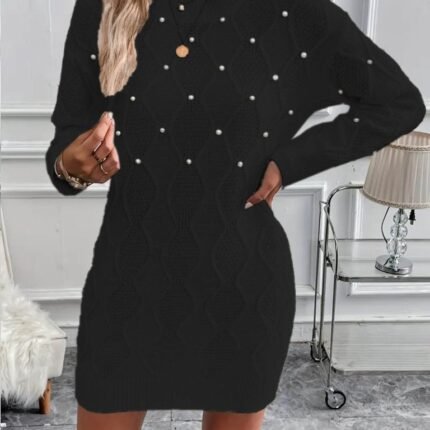 Kadın Uzun Kollu Bisiklet Yaka Desenli Triko Elbise