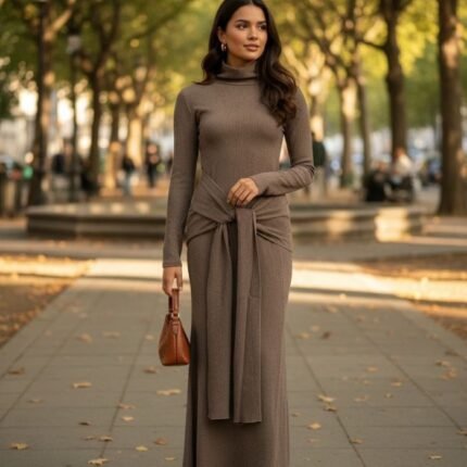 Kadın Uzun Kollubalıkçı Yaka Bürümcük Kumaş Kuşak Dahilkalem Elbise