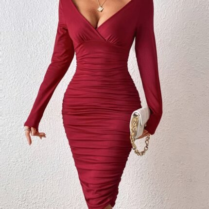 Kadın Uzun Kollu Derin Kruvaze Yakalı Büzgülü Sandy Midi Elbise