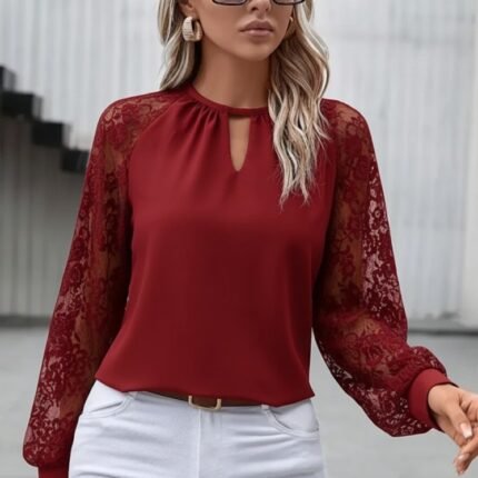 Kadın Uzun Dantel Kollu Yuvarlak Yakalı Sandy Bluz