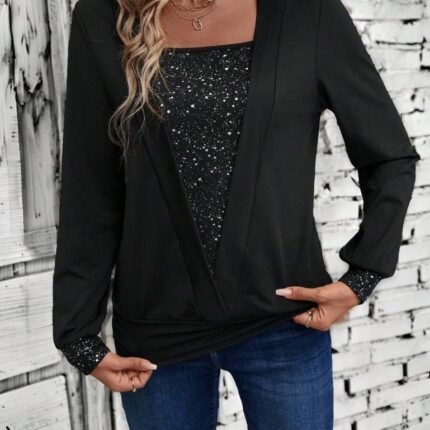 Kadın Uzun Kollu V Yakalı Içi Süprem Desenli Dışı Viskon Bluz