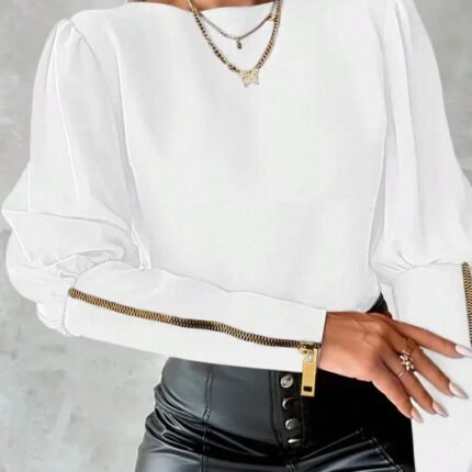 Kadın Uzun Kollu Bisiklet Yaka Fermuar Detaylı Ithal Krep Bluz