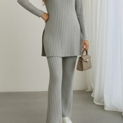 Kadın Uzun Kollu Yuvarlak Yaka Yandan Yırtmaç Detaylı şardonlu Kaşkorse Bluz Ve Pantolon Ikili Takım