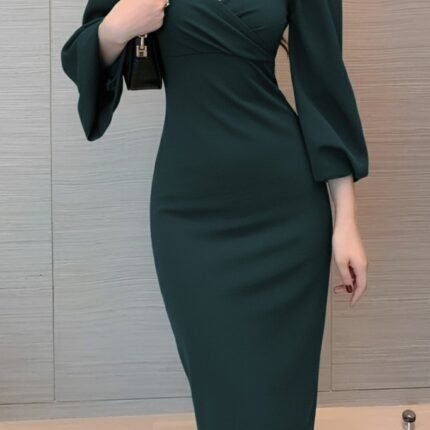 Kadın Uzun Kollu Kalp Yakalı Midi Ithal Krep Elbise