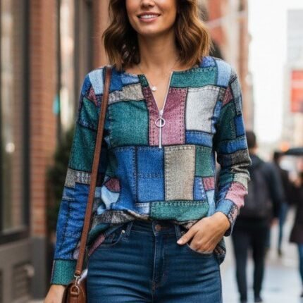 Kadın Uzun Kollu Yakadan Fermuarlı Kot Görünüm Desenli Uzun Modal Bluz