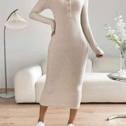 Kadın Uzun Kollu Yakalı Düğmeli şardonlu Kaşkorse Elbise