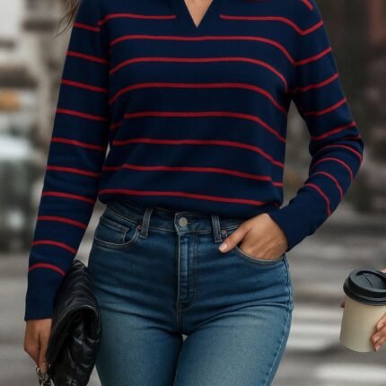 Kadın Uzun Kollu V Yaka çizgili Triko Bluz