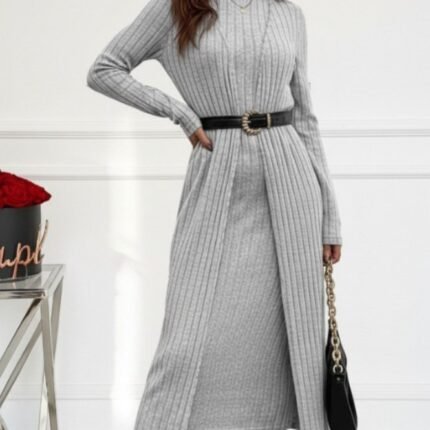 Kadın Uzun Kollu Yarı Balıkçı Yaka şardonlu Kaşkorse Elbise Ve Uzun Hırka Ikili Takım