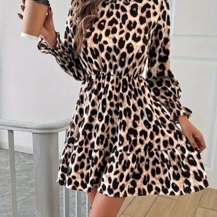 Kadın Uzun Kollu Yarı Balıkçı Yaka Leopar Desenli Modal Mini Elbise