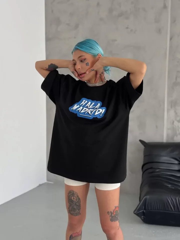 Unisex Bisiklet Yaka Baskılı Oversize T-Shirt