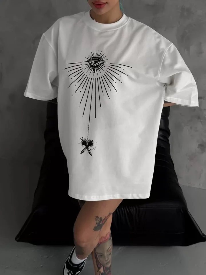 Unisex Bisiklet Yaka Baskılı Oversize T-Shirt